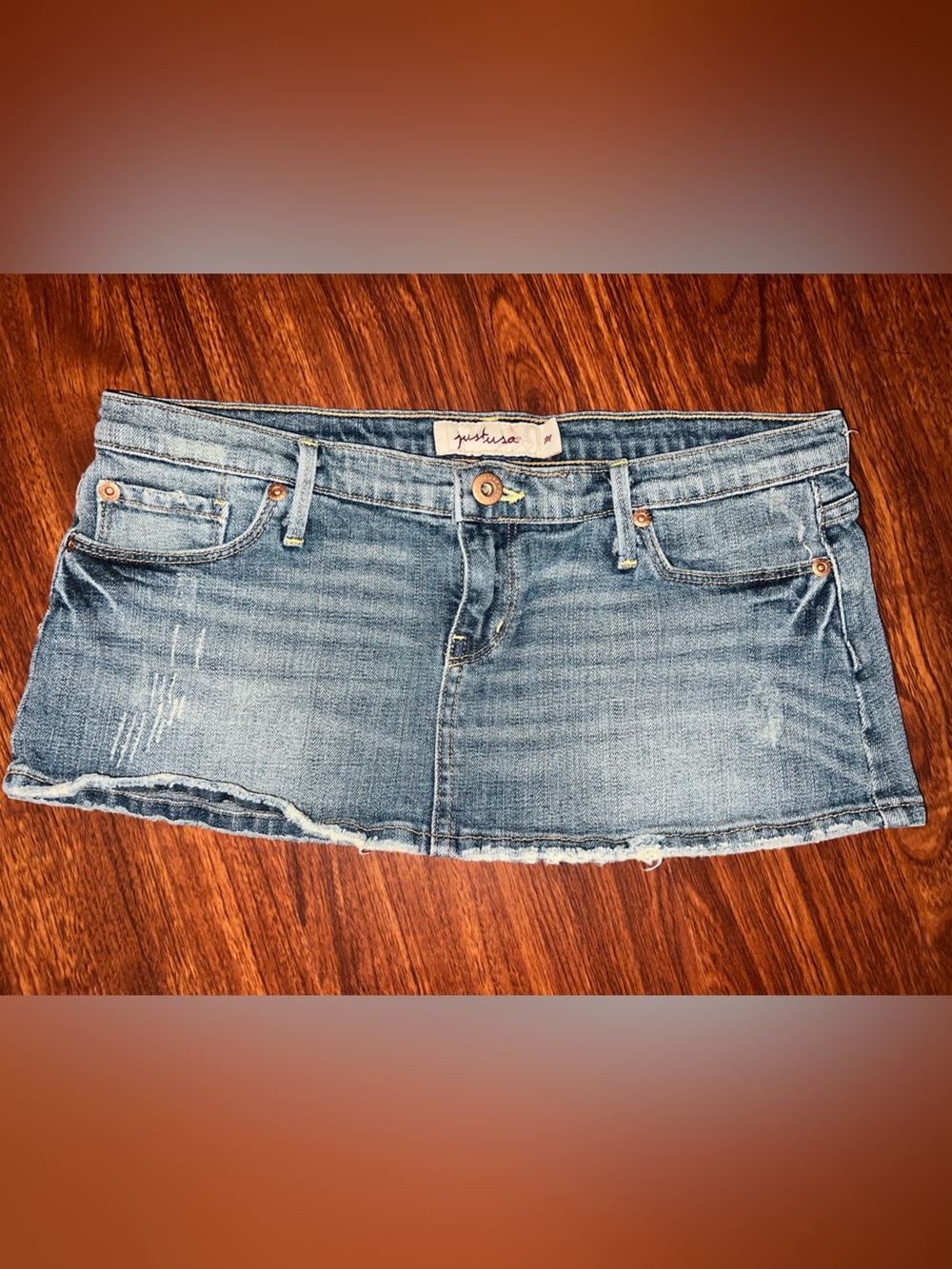 Just USA Light Blue Distressed Denim Mini Skirt